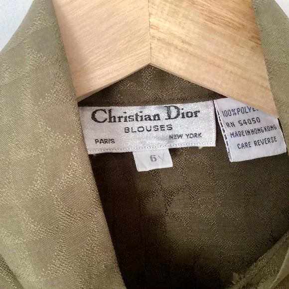 Christian Dior Vintage Olive Green Neck Bow tie Blouse size 6 Logo Old Money - Picture 9 of 16